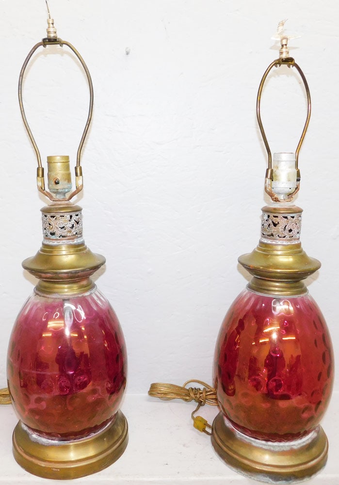 Pair of Cranberry Inverted Thumbprint Vases Made Into Lamps: Pair of Cranberry Inverted Thumbprint Vases Made Into Lamps. 25 3/4" H 7" Dia. ALL DESCRIPTIONS AND ANY CONDITION STATEMENT GIVEN BY LANGSTON AUCTION GALLERY ARE STRICTLY OPINIONS AND LANGSTON'S SHALL