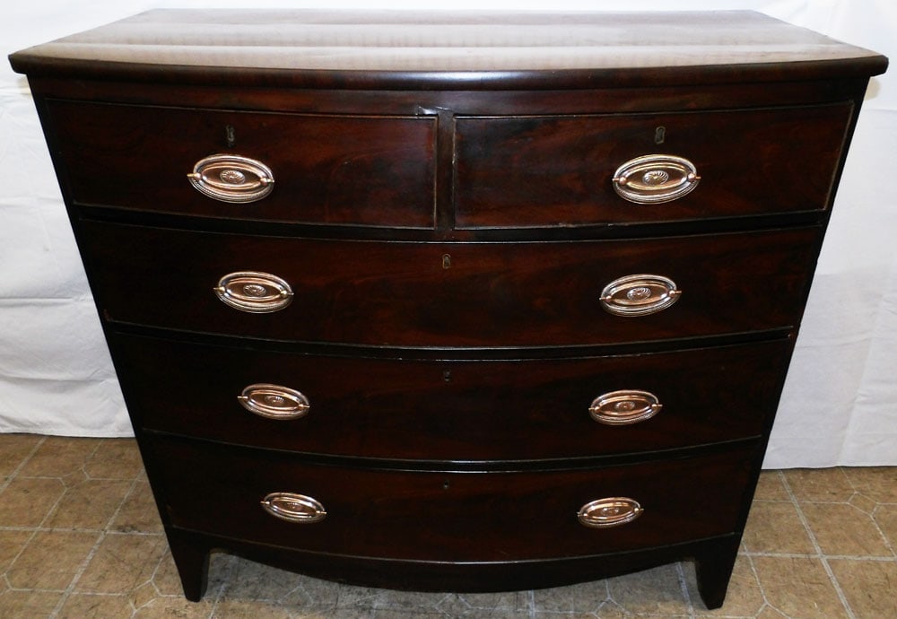 19th Century Mahogany Two Over Three Bow Front Chest: 19th Century Mahogany Two Over Three Bow Front Chest. 40 1/4" H 41 1/4" W 19 1/2" D ALL DESCRIPTIONS AND ANY CONDITION STATEMENT GIVEN BY LANGSTON AUCTION GALLERY ARE STRICTLY OPINIONS AND LANGSTON'S 