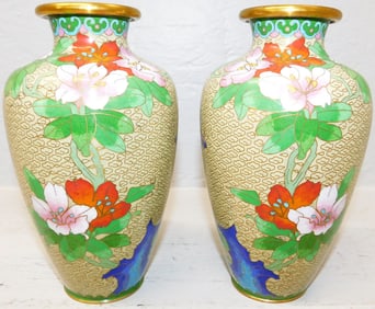 Pair of Oriental Cloisonne Vases with Butterfly Motif