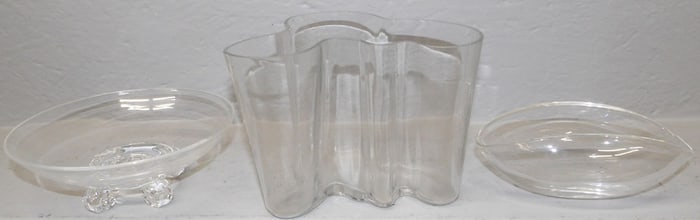 Two Signed Steuben Crystal Bowls & Signed Alvar Aalto Crystal Vase