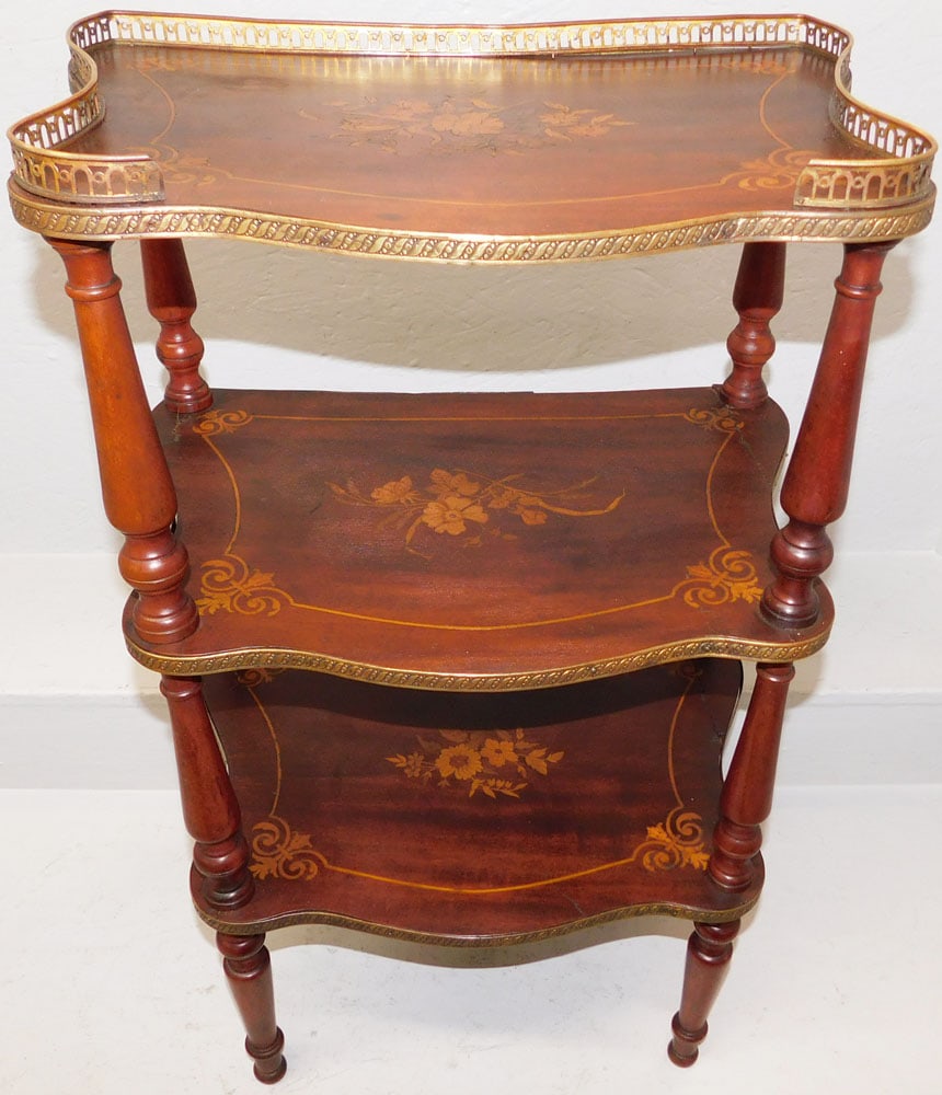 Mahogany Inlaid Three Tier French Stand with Brass Gallery  (1 of 6)