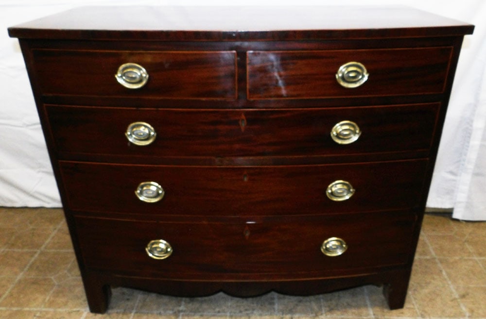 19th Century Mahogany Banded Top Two Over Three Drawer Chest: 19th Century Mahogany Banded Top Two Over Three Drawer Chest. 34 1/4" H 41" W 21 1/4" D ALL DESCRIPTIONS AND ANY CONDITION STATEMENT GIVEN BY LANGSTON AUCTION GALLERY ARE STRICTLY OPINIONS AND LANGSTO
