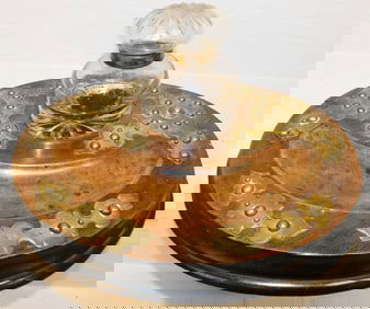Antique Walnut & Brass Bound Ink Stand with Original Glass Bottle