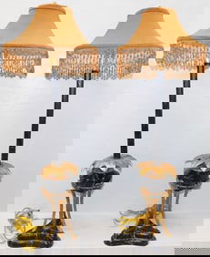 Pair of Decorative Painted Faux Marble & Gilded Metal Ram Head Lamps