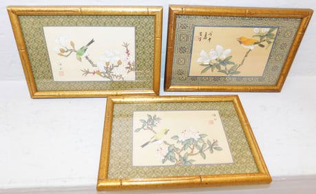 Three Framed Oriental Watercolors on Silk Signed with Character Marks
