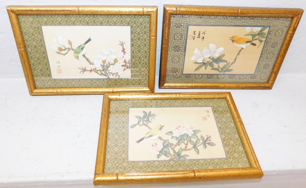 Three Framed Oriental Watercolors on Silk Signed with Character Marks  (1 of 5)