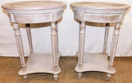 Pair of Modern Round Dish Top White Washed Stands