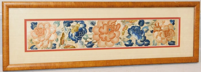 Framed Chinese Silk Embroidery with Floral & Butterfly Motif