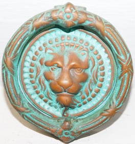 Cast Brass Lion Head & Floral Wreath Door Knocker in Verdigris By Virginia Metalcrafters