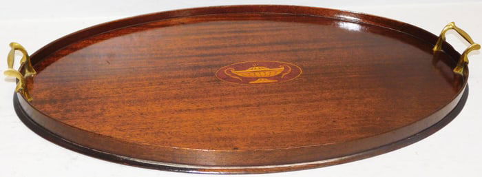 Oval Mahogany Brass Handle Serving Tray with Urn Inlay
