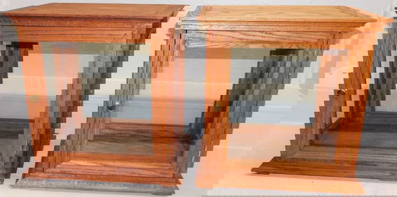 Pair of Bench Made Oak Counter Top One Door Showcases with Glass Panels