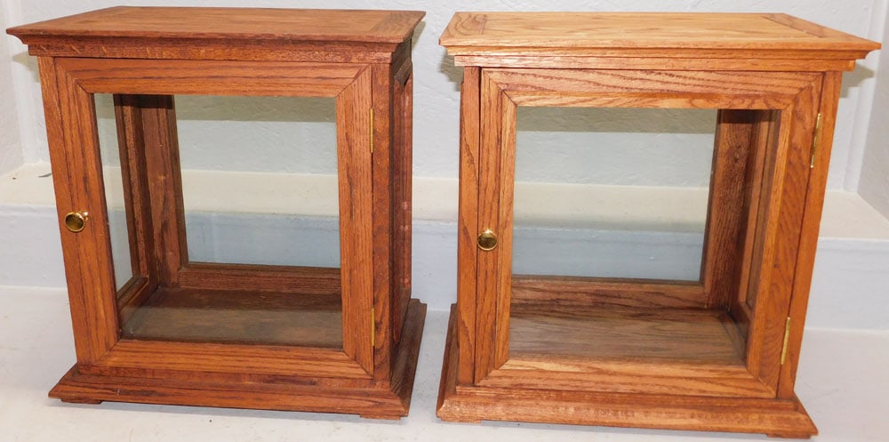 Pair of Bench Made Oak Counter Top One Door Showcases with Glass Panels  (1 of 7)