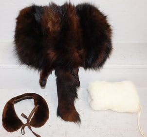Two Vintage Fur Hand Warmers & Neck Warmer
