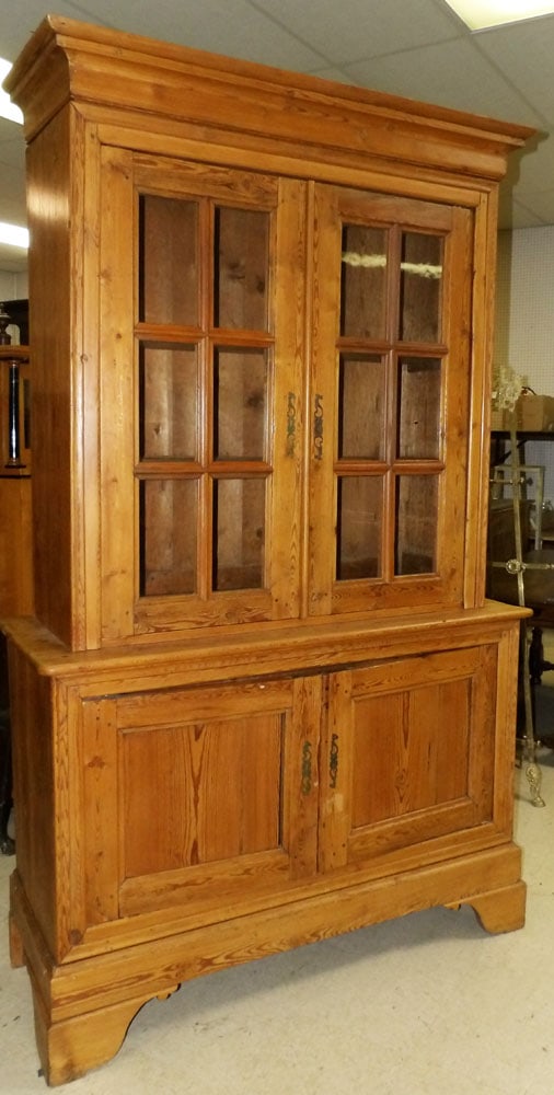 Antique Three Piece Pine Cabinet with Twelve Pane Glass Doors (1 of 6)