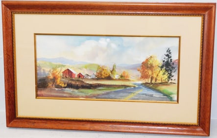 Framed Watercolor of an Autumn Scene Country Roadway By Marc Moon