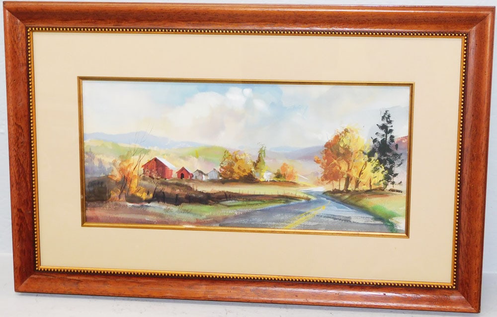 Framed Watercolor of an Autumn Scene Country Roadway By Marc Moon: Framed Watercolor of an Autumn Scene Country Roadway By Marc Moon. 20 3/4" X 32 1/2" ALL DESCRIPTIONS AND ANY CONDITION STATEMENT GIVEN BY LANGSTON AUCTION GALLERY ARE STRICTLY OPINIONS AND LANGSTON'S