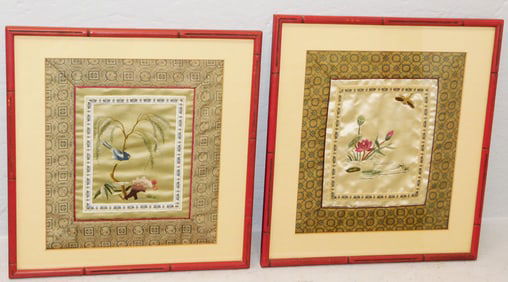 Two Chinese Silk Embroideries with Bird & Floral Motif in Red Faux Bamboo Frames