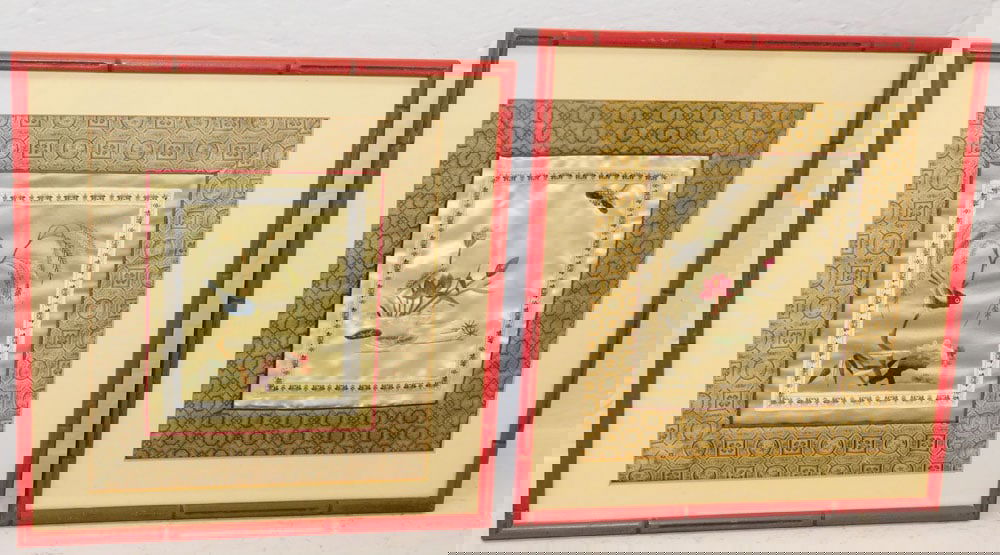 Two Chinese Silk Embroideries with Bird & Floral Motif in Red Faux Bamboo Frames (1 of 6)