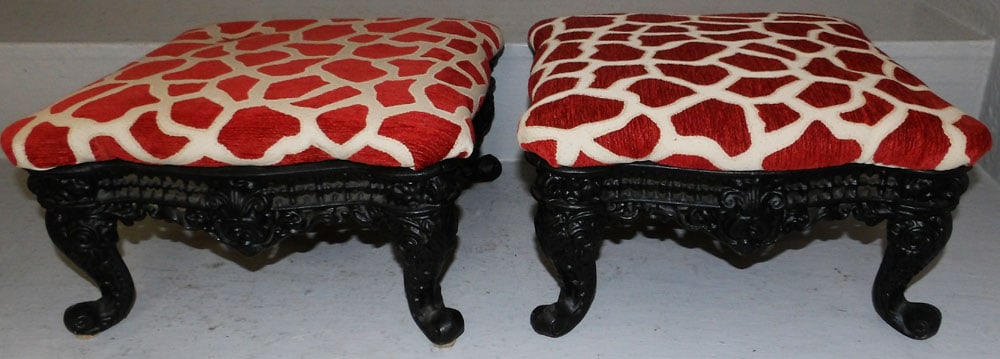 Pair of Cast Iron & Upholstered Top Foot Stools  (1 of 4)