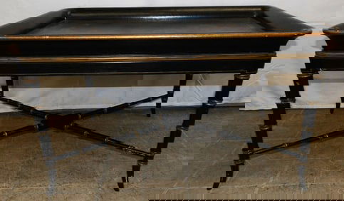Black Lacquered & Paint Decorated Tea Table with Faux Bamboo Base