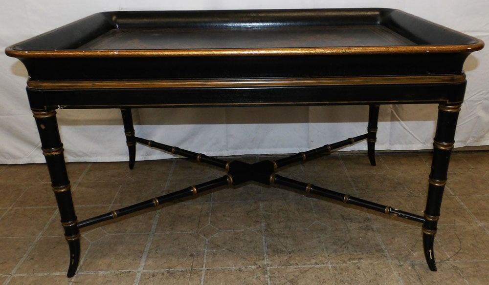 Black Lacquered & Paint Decorated Tea Table with Faux Bamboo Base (1 of 9)