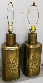 Pair of Oriental Chinoiserie Brass Tea Canister Form Lamps Attributed to Frederick Cooper