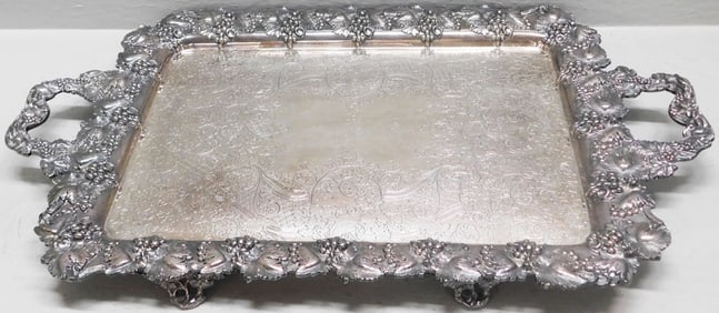 Large Antique Silverplated Victorian Serving Tray with Ornate Grape Cluster Border & Handles