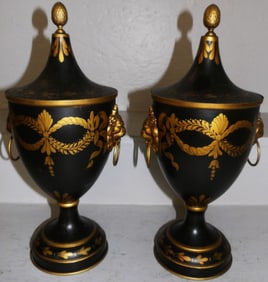 Pair of Painted Tole Covered Urns with Lion Head Handles
