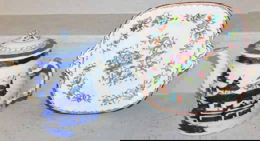 Oriental Canton Blue & White Tea Pot & English Coalport Porcelain Tray