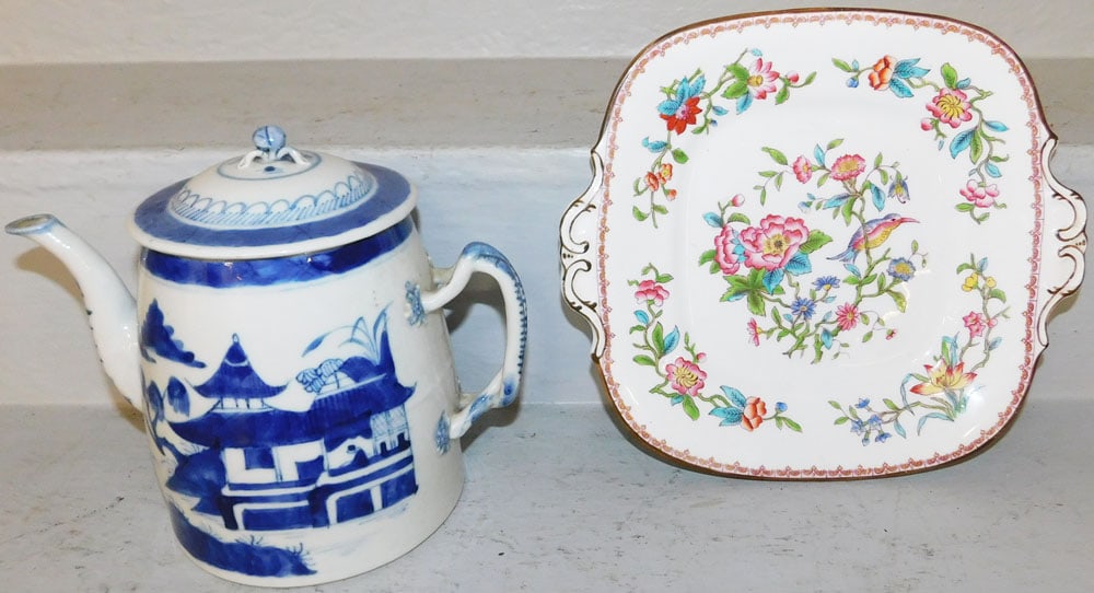 Oriental Canton Blue & White Tea Pot & English Coalport Porcelain Tray  (1 of 6)