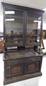 Antique Walnut Two Piece Offset Glass Door Cabinet