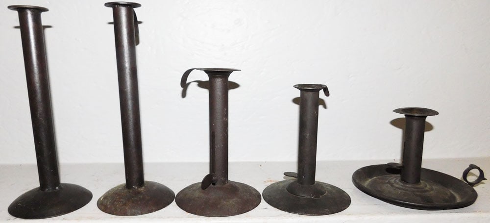 Lot of Four Metal Hog Scraper Candlesticks & One Chamber Candlestick (1 of 3)