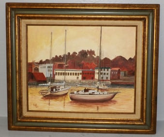 Framed Oil on Board of Harbor Scene Signed by Gayle Love