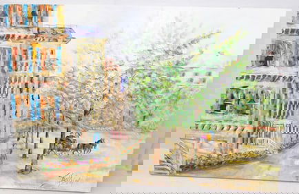 Large Impressionistic Painting on Canvas of a Old Town Street Scene Artist Signed