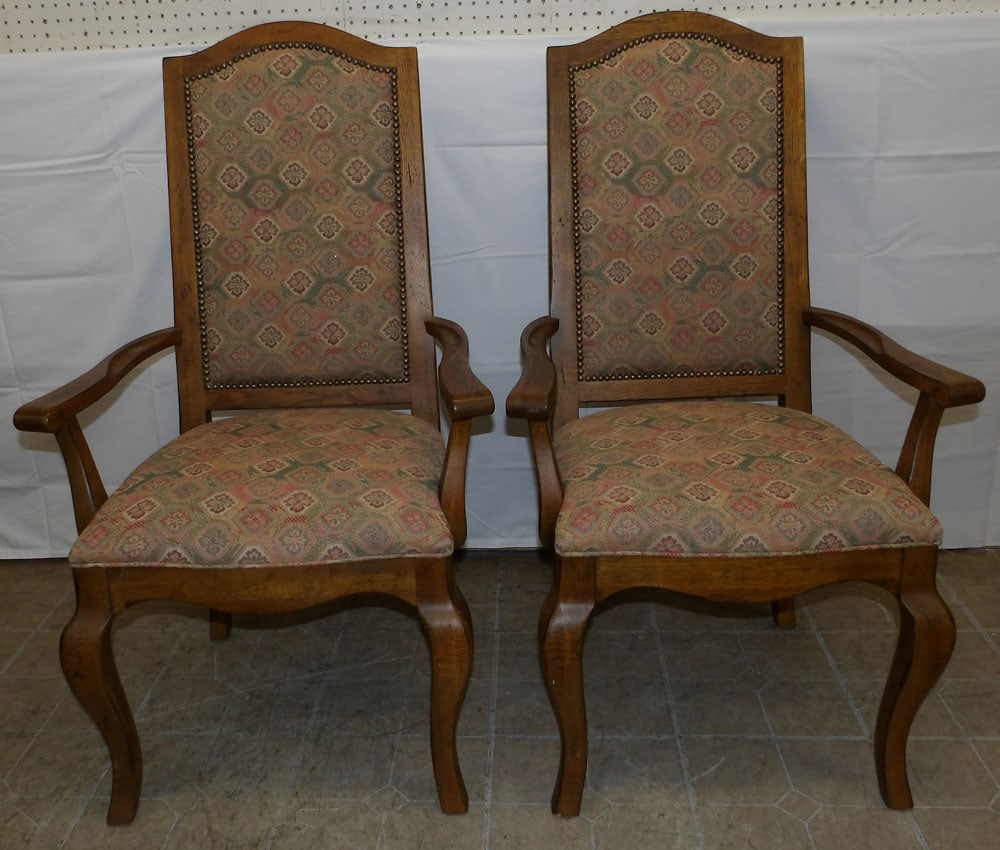 Pair of Oak & Upholstered Oak Arm Chairs by Drexel : Pair of Oak & Upholstered Oak Arm Chairs by Drexel . 45" H 22" W 22" D ALL DESCRIPTIONS AND ANY CONDITION STATEMENT GIVEN BY LANGSTON AUCTION GALLERY ARE STRICTLY OPINIONS AND LANGSTON'S SHALL HAVE NO