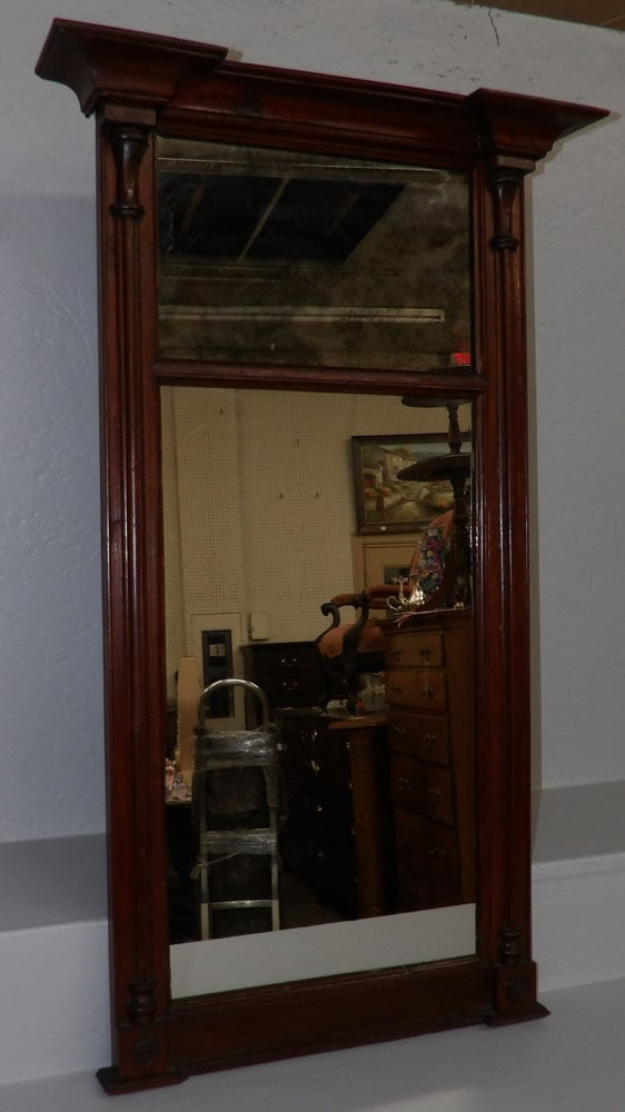 19th Century Mahogany Framed Federal Mirror: 19th Century Mahogany Framed Federal Mirror. 37 1/4" x 22" ALL DESCRIPTIONS AND ANY CONDITION STATEMENT GIVEN BY LANGSTON AUCTION GALLERY ARE STRICTLY OPINIONS AND LANGSTON'S SHALL HAVE NO RESPONSIBIL