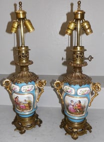 Pair of Antique Hand Painted Porcelain & Gilded Metal Lamps with Courting Scenes