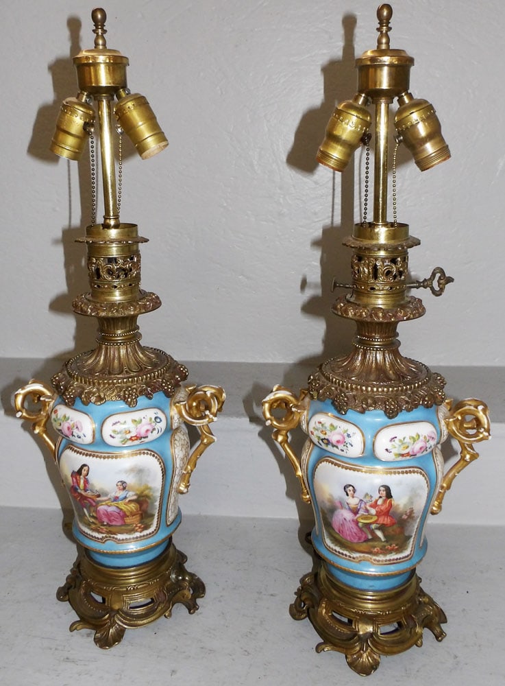 Pair of Antique Hand Painted Porcelain & Gilded Metal Lamps with Courting Scenes (1 of 4)