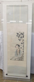 Oriental Watercolor on Silk Scroll in Acrylic Case Signed with Character Marks