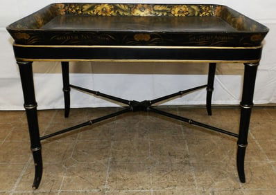 Black Lacquered Paper Mache Top Tea Table With Faux Bamboo Base