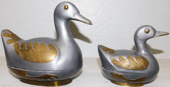 Two Lead & Brass Oriental Duck Form Boxes