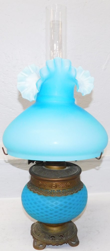 Antique Blue Satin Glass Shade Diamond Quilted Base Opalescent Lamp : Antique Blue Satin Glass Shade Diamond Quilted Base Opalescent Lamp . 23 1/2" H 11" Dia. ALL DESCRIPTIONS AND ANY CONDITION STATEMENT GIVEN BY LANGSTON AUCTION GALLERY ARE STRICTLY OPINIONS AND LANGST