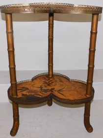 Paint Decorated Faux Bamboo Trefoil Two Tier Stand with Brass Gallery & Bird Motif