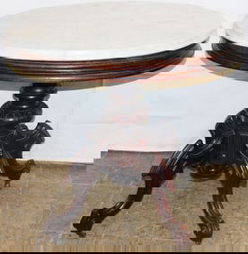 Antique Oval Carved Walnut Pedestal Victorian Marble Top Center Table, (Attributed to Thomas Brooks)