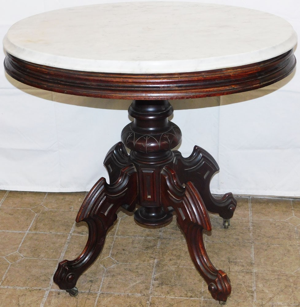 Antique Oval Carved Walnut Pedestal Victorian Marble Top Center Table, (Attributed to Thomas Brooks) (1 of 4)