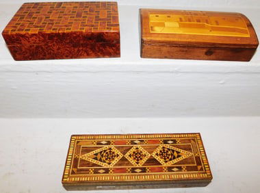 Walnut Inlaid Box, Burl Yew Wood Box, & Anglo Inlaid Dresser Box