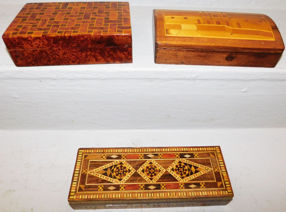Walnut Inlaid Box, Burl Yew Wood Box, & Anglo Inlaid Dresser Box (1 of 7)