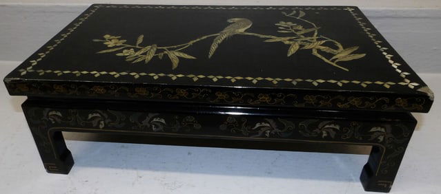 Black Lacquered & Mother of Pearl Inlaid Foot Stool with Bird Motif