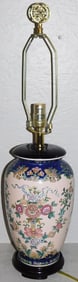 Oriental Paint Decorated Blue & Pink Floral Vase Made Into Lamp