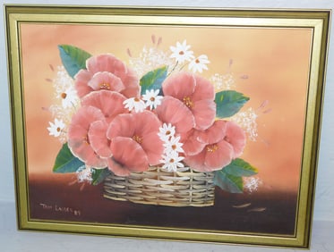 Small Gilded Frame Oil On Canvas of a Still Life Floral Basket Artist Signed Tom Lasser